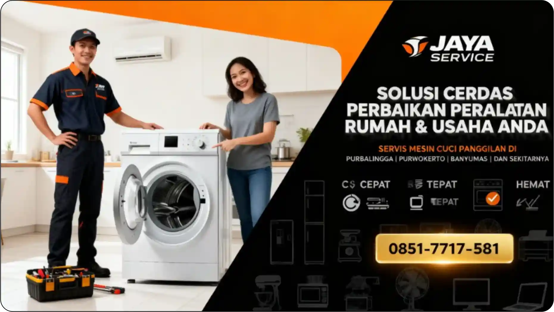 Teknisi JAYA SERVICE sedang melakukan service mesin cuci Purbalingga โ perbaikan motor dan penggantian kapasitor mesin cuci rumah tangga