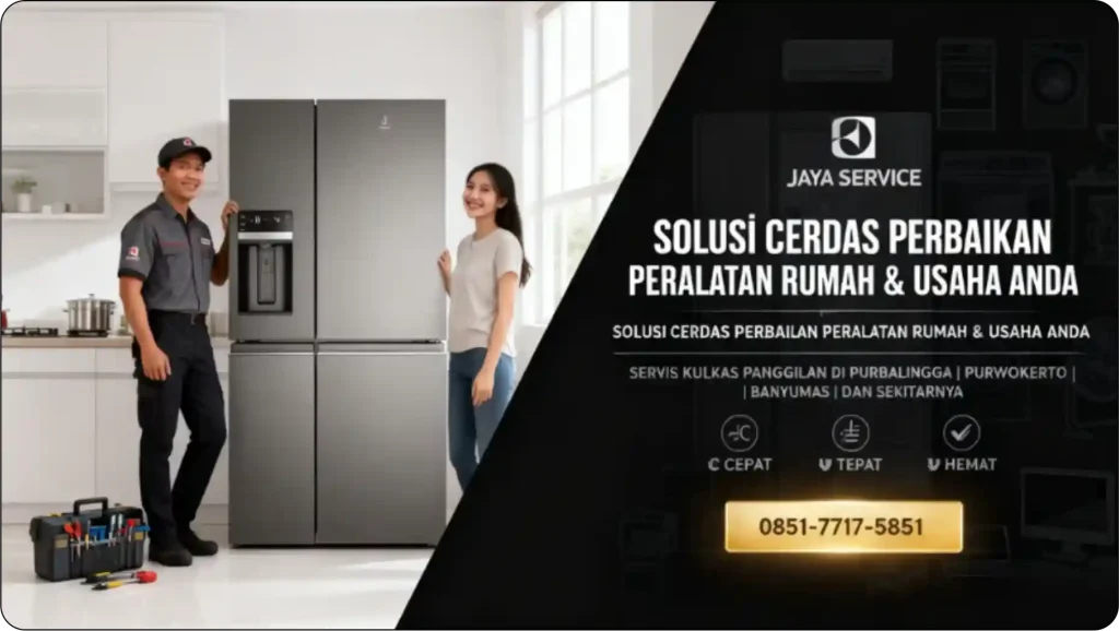 Teknisi JAYA SERVICE memperbaiki kulkas 2 pintu di rumah pelanggan Purbalingga